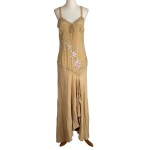 Sue Wong Dress Vintage Y2K Size 6 Gold Silk Floral Crochet Straps